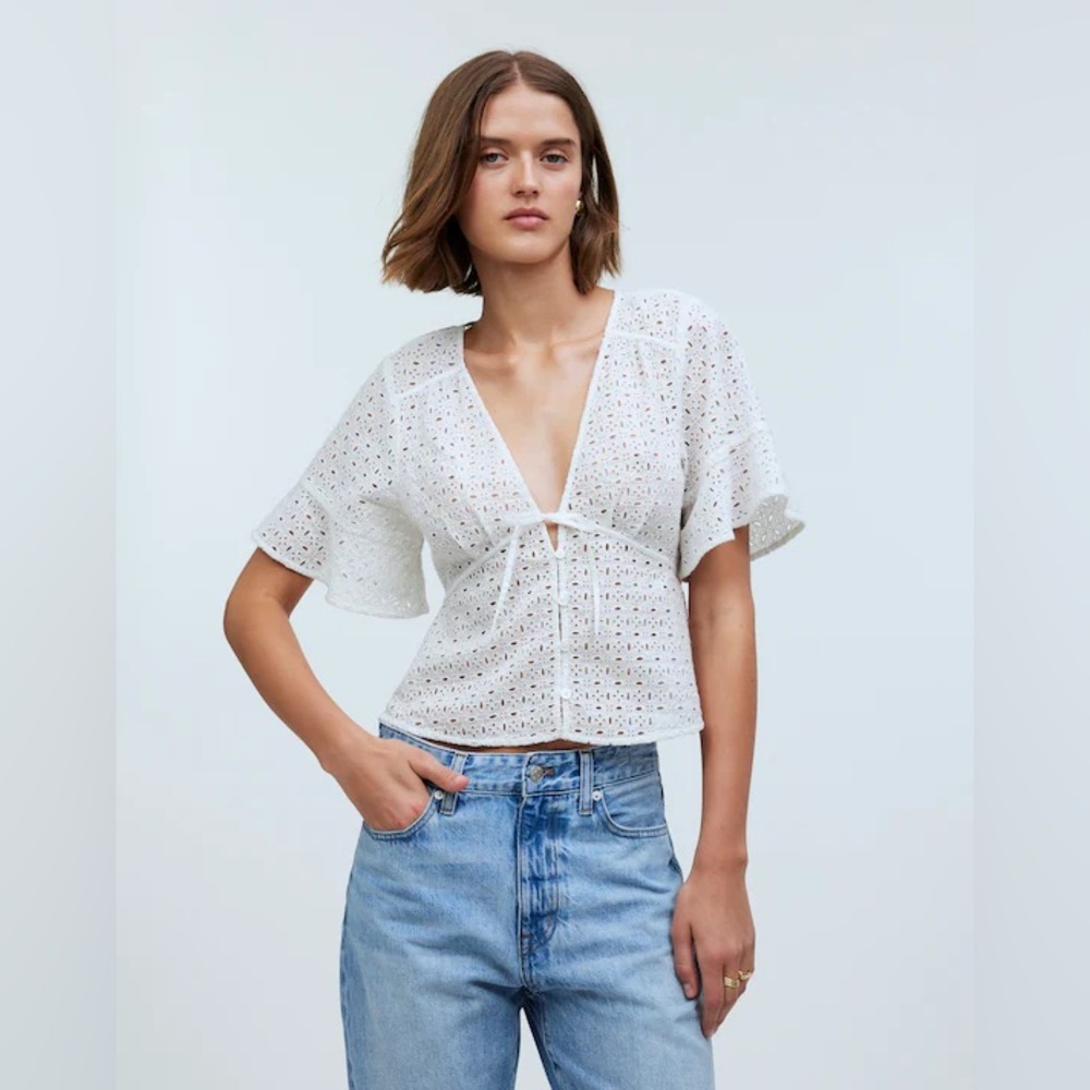 NWOT Madewell White Tie-Front Top in Eyelet - Medium